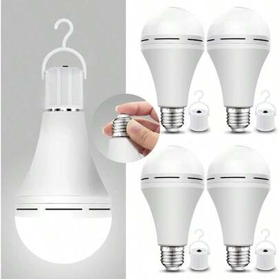 4 Pack Emergency-Rechargeable-Light-Bulb, Stay Lights Up When Power Failure, 1200mAh 15W 80W Equivalent LED Light Bulbs For Home, Camping, Tent (E27, With Hook) (Daylight)