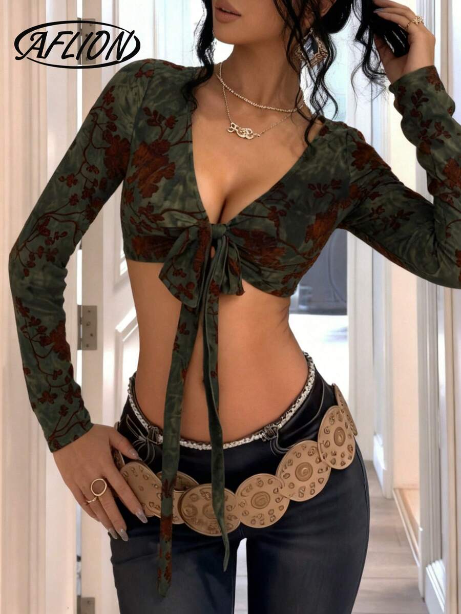 Women's Summer Floral Lace-Up Cropped Top, Long Sleeve Front Tie Shirt Suitable For Outings, Parties And Vacations - Green - View 1