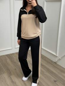Conjunto casual de mujer, blusa suelta con cuello y pantalones de pierna ancha, conjunto de 2 piezas, otoño/invierno primavera - Albaricoque + negro - Ver 3