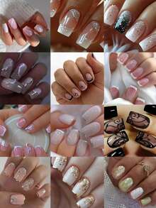 24pcs/Set Medium Square Shiny Colored French Manicure Nail Stickers, Containing Glter, Full Coverage Acrylic False Nails, Inclus 1pc Jelly Gel And 1pc Nail File, Suable For Women And S For Daily Work, Study And Garings - Multicolor 10 - 查看 12