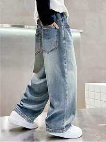 American Style Fashionable Drawstring Waist Straight Leg Jeans For Teenage Boys, Loose Casual Wide Leg Pants For Older Children, Spring Autumn New