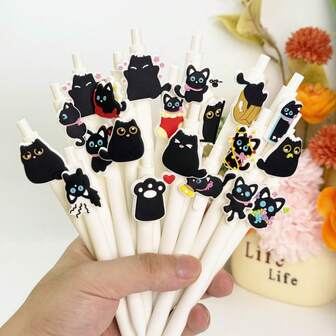5支可爱猫咪图案圆珠笔，高品质学生书写文具，卡通按动笔