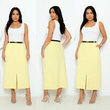 Tailored Midi Skirt With Belt And Slit, Front Pocket, Evangelical Party Fashion - 黃色 - 查看 2