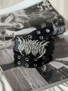 Plus Size Men's Belt, Leopard & Zebra Print Belt, European & American Street Style Goth Punk Inspired, American Cowboy Hip Hop, Hollow Out Rivet Black Leather Belt With Letter Flame Metal Buckle, Versatile For Hoodies, Jeans, Unisex - Multicolor - View 3