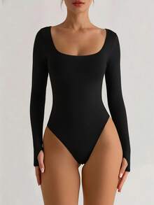 XLLAIS 2026春夏轻薄性感圆领紧身基础款长袖黑色连体衣，日常休闲T恤，优雅百搭 - 黑色 - 查看 1