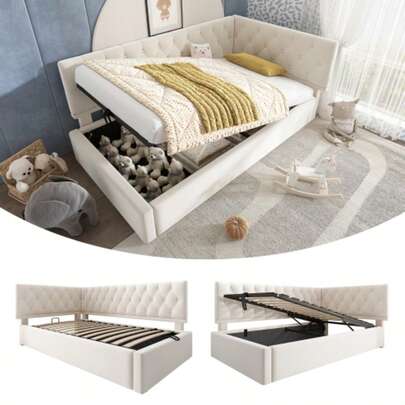 Upholstered Daybed 90x200cm, Sofa Bed With Hydraulic Storage, Child/Teen Bed, Bed Frame With Wooden Slatted Base, Velvet, Beige, Without Mattress.