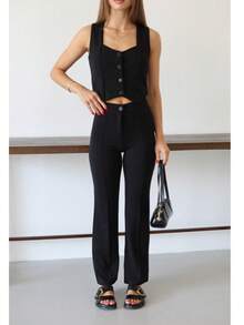 Two Pieces Suit Chic Black Cropped Vest & High-Waist Trousers Set - Black - View 2