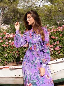 Faeriesty Floral Print Elegant Chiffon Maxi Dress, High Neck Design, Long Sleeve With Delicate Ruffle Shoulder, Waist Tie, Multi-Layer Ruffle Hem | Romantic Fluffy Garden And Wedding Guest Dress - Purple - View 5