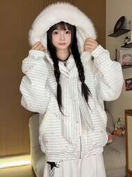 中綿ジャケット レディース かわいい 冬服 アウター 厚手ジャケット 犬柄 フード付き ファー ボーダー柄 キレイめ 中綿入り コート