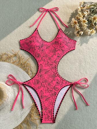 2026 Women's Beach Bikini, Summer Women's Beach Set, Sexy Hollow Out Halter Side Tie One-Piece Swimsuit, Fashionable Floral Bud Edge Craftsmanship, Floral Print Style, Girlish Pink Sexy Swimsuit, Beach Swimming Sexy Swimsuit