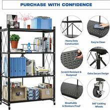 4-Tier Foldable Storage Shelf With Wheels - Metal Rack Collapsible Shelving Unit Display, Rolling Cart For Books Kitchen Storage Shelves, Pantry & Closet Organizer, Office Room Decor - Black - View 7