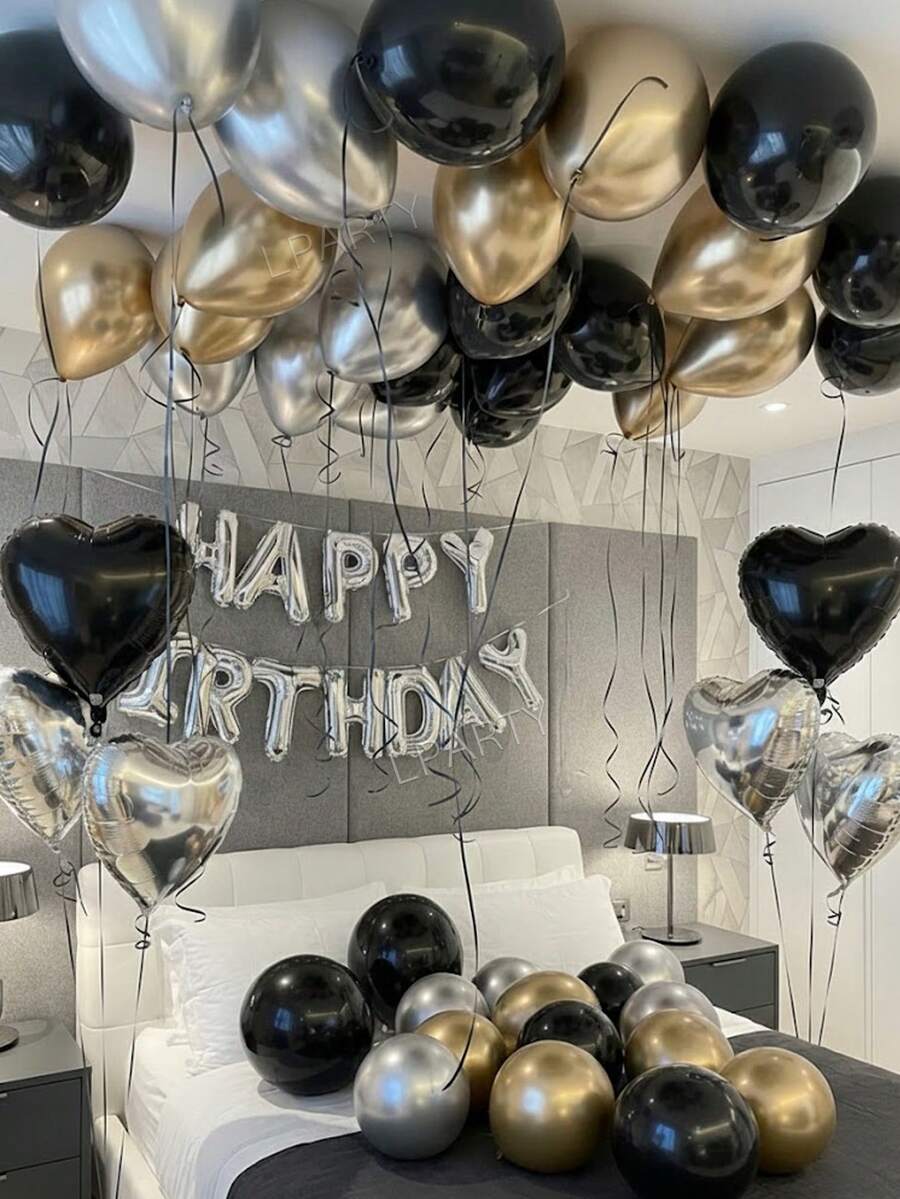 43件套豪华生日派对装饰：16英寸银色“生日快乐”字母横幅气球、18英寸黑/银色心形铝箔气球、10英寸黑/金/银色乳胶气球，打造优雅生日派对装饰和房间装饰。 - 彩色 - 查看 1