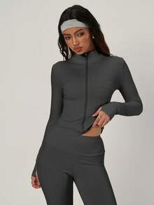 PinkTip Pink Tip 女士纯色无缝弹力外套和紧身裤运动套装，提臀修身柔软裤，休闲运动服，适合日常、健身、跑步、瑜伽、普拉提等春季运动。 - 深灰色 - 查看 4