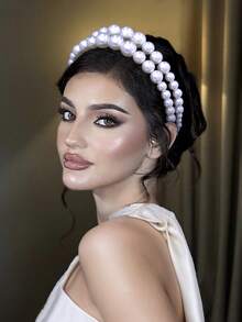 1pc Minimalist Double-Layer White Faux Pearl Bridal Headband, Handmade Large Pearl Hair Hoop, Suitable For Wedding, Party, Birthday, Christmas - White - View 3