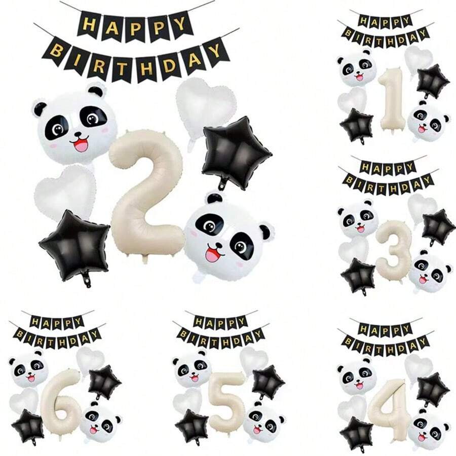 8pcs Cute Panda Head Foil Balloons, Cartoon Panda Balloons For Party Decoration, Paired With Black & White Hearts, Pentagram, Happy Birthday Letter Banner, Suitable For Panda Themed Birthday Party, Baby Shower, Gender Reveal, Anniversary And Other Celebrations - Beige - View 1