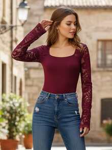 Women's Y2k Lace Patchwork Blouse Top Square Neck Long Sleeve Crop Tops Slim Fit T-Shirts  Going Out Tops Club Streetwear Basic Tops Aesthetic Clothes - 紅色 - 查看 2