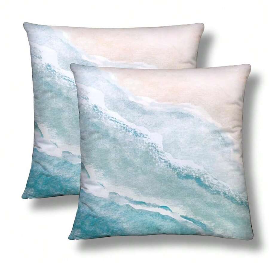 Beach Wave Throw Pillow Covers 20x20 Set Of 2 Blue Sea Ocean Short Pl 11ush Pillows Case Watercolor Wave Square Cushion Cover Decorative Pillowcases For Couch Bed,20inchx20inch(Packof2),Blue - Blue - 查看 1