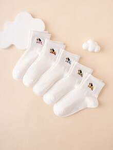 5 Pairs Of Interesting Personalized Cute Cartoon Embroidered Puppy-Pattern Children's Ankle Socks, Available In All Four Seasons, In European Sizes, Comfortable, Breathable, Durable, With Rich Colors, Suitable For Daily Wear, High-Quality Fabric, Does Not Cause Foot Discomfort