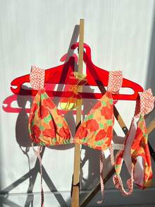 New Women's Simple & Cute Tropical Floral Contrast Plaid Ruffle Bikini 2 Pieces Swimsuit - Multicolor - View 4