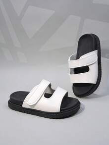 1 Pair Girls' Sandals, Black And White Color Block Double Strap Decoration, Fits Foot Shape, Open Toe Low-Top, Hook And Loop Fastener, Flat Design, Fashionable Minimalist Slide Style, Suitable For Shopping, Outdoor Walking And Other Occasions. - White - View 3
