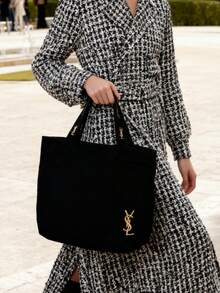 YSL Women's Black Canvas Tote Bag, Large ​​Zippered​​ Shopper With Gold-Tone Logo & Jacquard Strap Handle, Fashion Shoulder Bag​ - Black - View 8