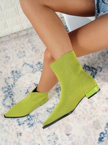 Ghete scurte și botine pentru femei, la modă, confortabile, cu toc gros/jos, vârful ascuțit, verzi, fără slip-on, tricotate, respirabile, calde, casual, versatile, pentru petreceri, sexy, elastice, cizme plate, confortabile, la modă