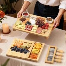 Bamboo Cheese Board Set - Charcuterie Boards And Serving Meat Platter Cheese Tray With 4 Stainless Steel Cheese Knives 1 Drawer Storage Elegant Cutting Board Platter For Perfect Appetizer Display Ideal For Halloween Parties Weddings And Special Occasions - NaturalBamboo - View 2