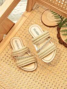 2026 Girls' Woven Chain & Beaded Decor Slides, Glossy Material, Non-Slip, Open Toe, Flat, Luxurious, Ladylike Style Children's Slippers, Suitable For Summer Outings, Elegant Attire, Holidays And Family Gatherings
