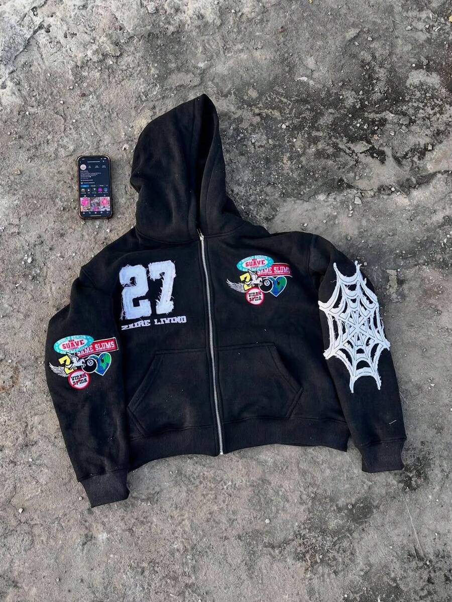 Letter Embroidery Full Zip Hoodie Men Women | Heavyweight Utility Pullover With Vintage American Style - màu đen - Xem 1