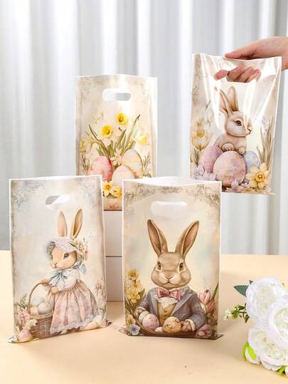 50 st presentpåsar med påskhare, presentpåsar med påskägg, kaniner och blommönster, handtag, små presentpåsar, förvaringspåsar, festpåsar, påskdekorationer, tecknad kanindekor, påskfesttillbehör, förvaringsorganisation