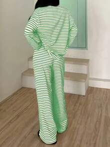 2-Pack Women's Autumn Striped Pajama Set Loose Round Neck Top Elastic Waist Pants Can Be Worn As Outerwear Home Clothes Set Drop Shoulder Sleeve Fashionable Temperament Y2K - 綠色 - 查看 4