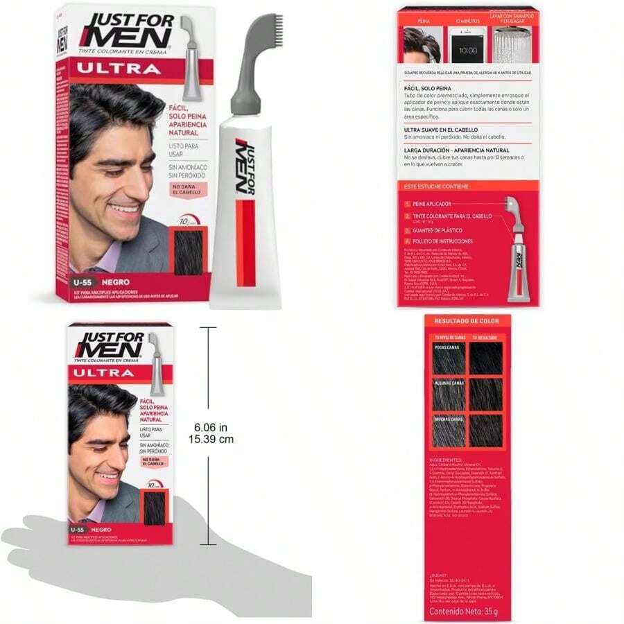 Just For Men Ultra Tinte para Canas U55, Combina Perfectamente con tu Color de Cabello, Cepillo de Fácil Aplicación, 35g(1 Unidad (Paquete de 1) Negro) - Multicolor - Ver 1