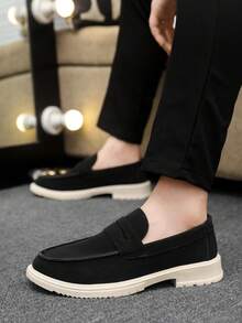 男士黑色乐福鞋，休闲套脚鞋，复古英伦风低帮百搭鞋，舒适厚底套脚鞋 - 黑色 - 查看 2