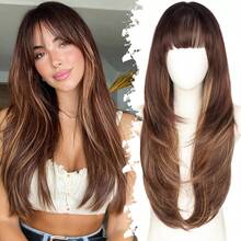 Ginger Wig With Bangs For Women, 26 Inch Long Straight Layered Synthetic Wig, 4x4 Realistic Scalp Free Part, Natural Looking Heat Resistant Hair Wig, Soft Lightweight Full Wig For Daily Wear, Party, Cosplay, Halloween