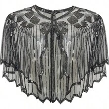 Shawl Wraps Sequin Beaded Evening Cape Bridal Shawl - Black-3 - View 7