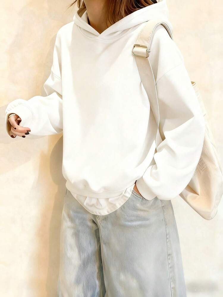 كنزة صوفية صوفية دافئة ذات لون واحد للفتيات المراهقات، بطانة من الفليس السميك، ناعمة وصديقة للبشرة، بدون مواد مُبيّضة بصريًا، تصميم كلاسيكي - أبيض - مشاهدة 2