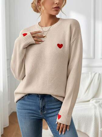 女士圆领情人节心形图案落肩毛衣，百搭圆领长袖套头毛衣，优雅设计，柔软透气，适合秋冬穿着 - 适合日常穿着