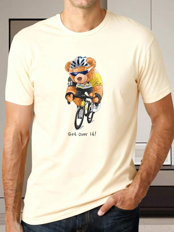 Camiseta de algodón suave y pro - piel para hombres Camiseta de manga corta negra con estampado de oso ciclista y texto Get Over It para uso diario ocio deportivo y eventos sociales Diseño clásico de cuello redondo, ligero, cómodo y sin sudor, divertido regalo de vacaciones