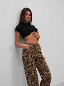 Women's Casual Fashion Street Leopard Print Low Waist Side Pocket Straight Leg Pants - Coffee Brown - View 7