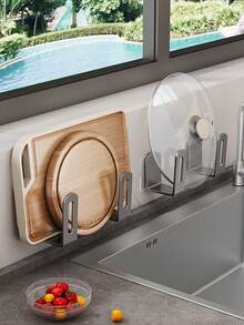 2pcs No Drill Pot Lid Rack, Wall Mounted Hook, Multifunctional Kitchen Storage Rack, Cutting Board & Pot Lid Holder, Bathroom/Balcony Wall Mounted Storage Rack, No Drill Pot Lid Rack, Wall Mounted Pot Lid Rack, No Drilling Required, Multifunctional Kitchen Storage Rack - Multicolor - View 4