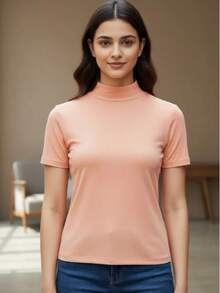 High-Neck, Short-Sleeved Cotton Knit Blouse - Salmon - View 2