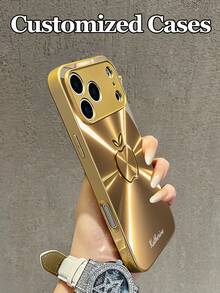 1pc Customizable Text & Golden Apple Line Design Tempered Glass Material Phone Case, Compatible With IPhone 17 Pro Max/17 Air/16/15/13/12/11/XS Max/6 7 8 Plus, S25 Ultra/S24 FE/S23 Plus/S22 Pro/S20/S21 FE, Fashion High-Definition Printed Protective Cover, Ideal For Holidays, Birthdays, Couples, Pets, Friends, Classmates, Siblings, Family - Gold - View 6