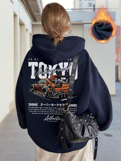 Women's Casual Pullover Sweatshirt With Minimalist Orange Sports Car & Letter Print, Versatile For Daily Wear, Autumn/Winter