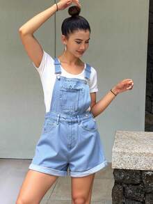 Livesso 捲邊牛仔背帶連身褲,無內搭t恤 - 淺色水洗藍 - 查看 4