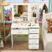 5 Drawers Dressing Table With 10 LED Lights Mirror Vanity Make Up Desk Modern - White - View 8