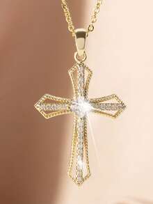 1 chiếc vòng cổ thép không gỉ hình thánh giá và đá Cubic Zirconia phong cách Châu Âu thời trang - Vàng - Xem 4