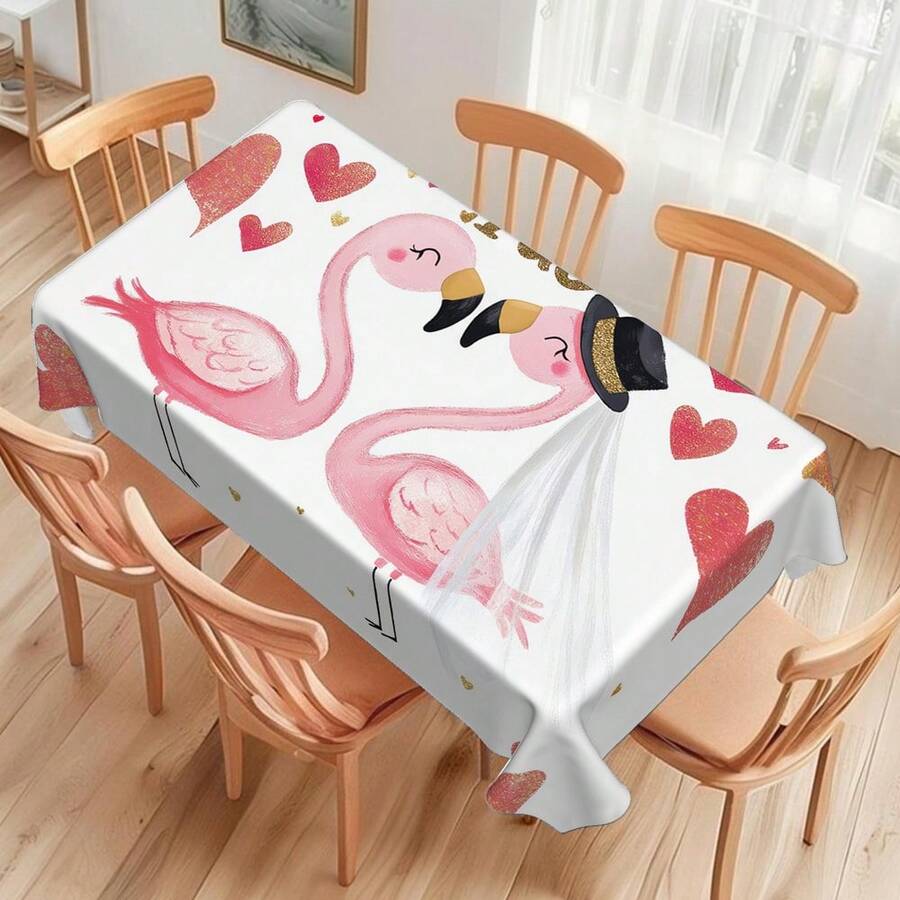 1pc Minimalist Heart & Flamingo 2D Pattern Digital Print Tablecloth, Rectangular Durable Polyester Fabric, Suitable For Home Decor, Kitchen, Garden, Holiday Parties, Weddings, Restaurants, Banquets, Valentine's Day Decor - Multicolor - View 1