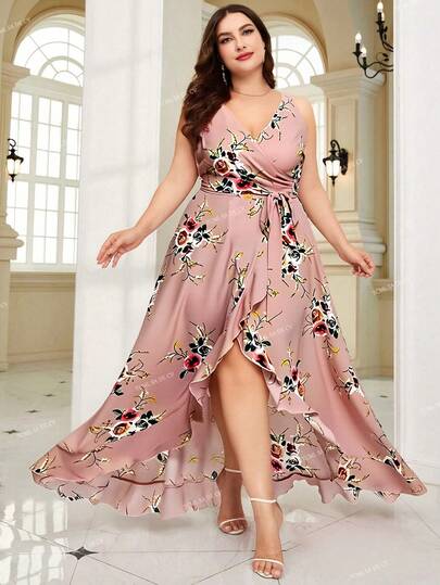 Vestido de tirantes de talla grande con cinturón nudo lateral con estampado floral bajo cruzad