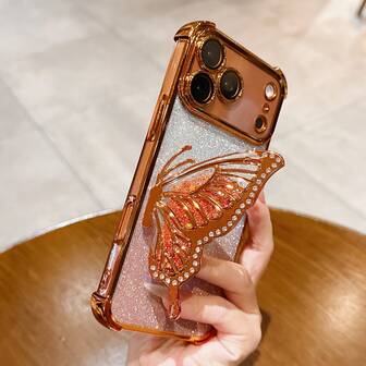 适用于 17 的防摔手机壳，透明时尚电镀吸震气囊流沙蝴蝶支架手机壳，兼容 17/6/7/8/X/XS/XR/11/12/13/14/15/16/16e、Galaxy S22/23/24/25/S24 FE/S25 EDGE、A04/05/06/A07/A14/A15/A16/A17/A24/A25/A34、Redmi Note 9/10/11/12/13、Redmi 9/10/12/13C/14C、OPPO、MOTO、Honor X、HW、Realme C53/C55/C61/C63/C75 等机型。