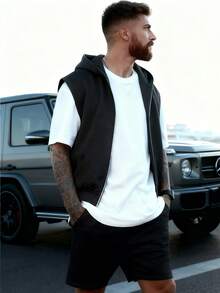 Áo hoodie có khóa kéo thường ngày có túi, áo nỉ chui đầu không tay, vải dệt kim polyester, áo chui đầu có khóa kéo dành cho nam - màu đen - Xem 3